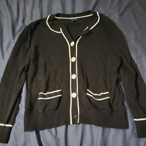 Tommy Hilfiger Cardigan Womans XL Chunky Buttons Black With White Trim Preppy